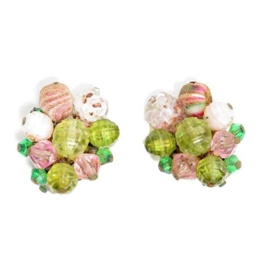 Vintage Green‎ Pink Bead Cluster Earrings